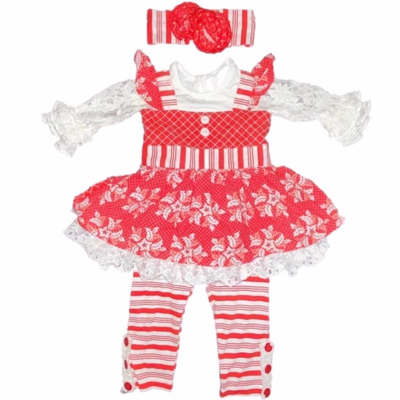 9m Serendipity Baby Girls Boutique Candy Cane Christmas Outfit Headband Set